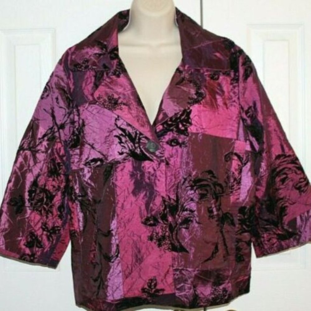 Susan Graver Crinkle Iridescent Tonal Patchwork Flocked Jacket, 3X,  Purple